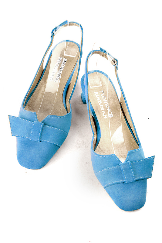 Turquoise blue women's slingback shoes. Square toe. Low kitten heels. Top view - Florence KOOIJMAN